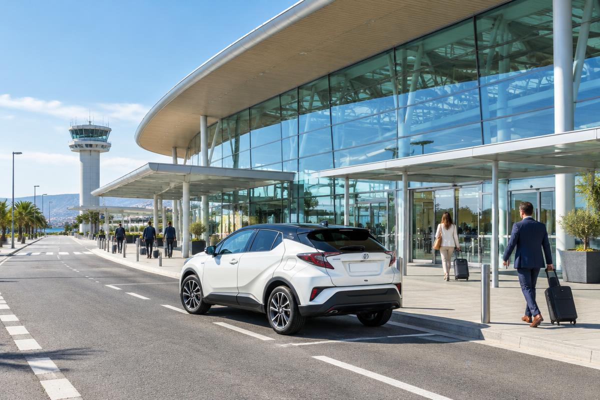 Illustration d’un transfert en véhicule hybride devant un terminal d’aéroport