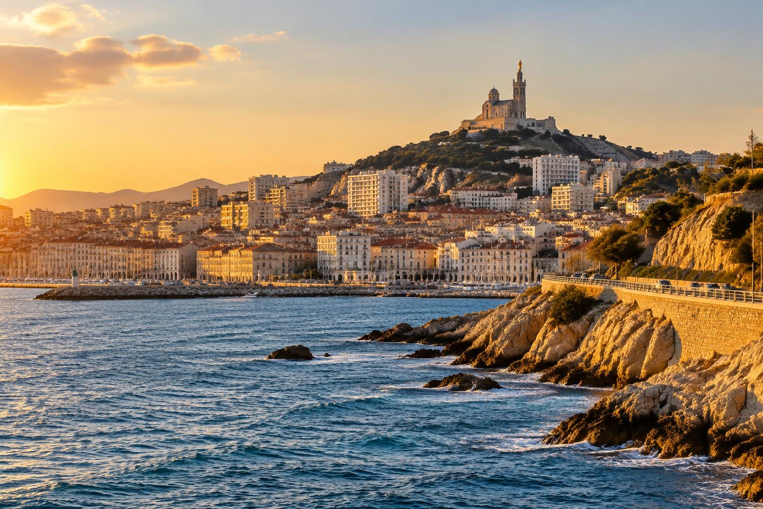 Notre-Dame de la Garde dominant Marseille au coucher du soleil