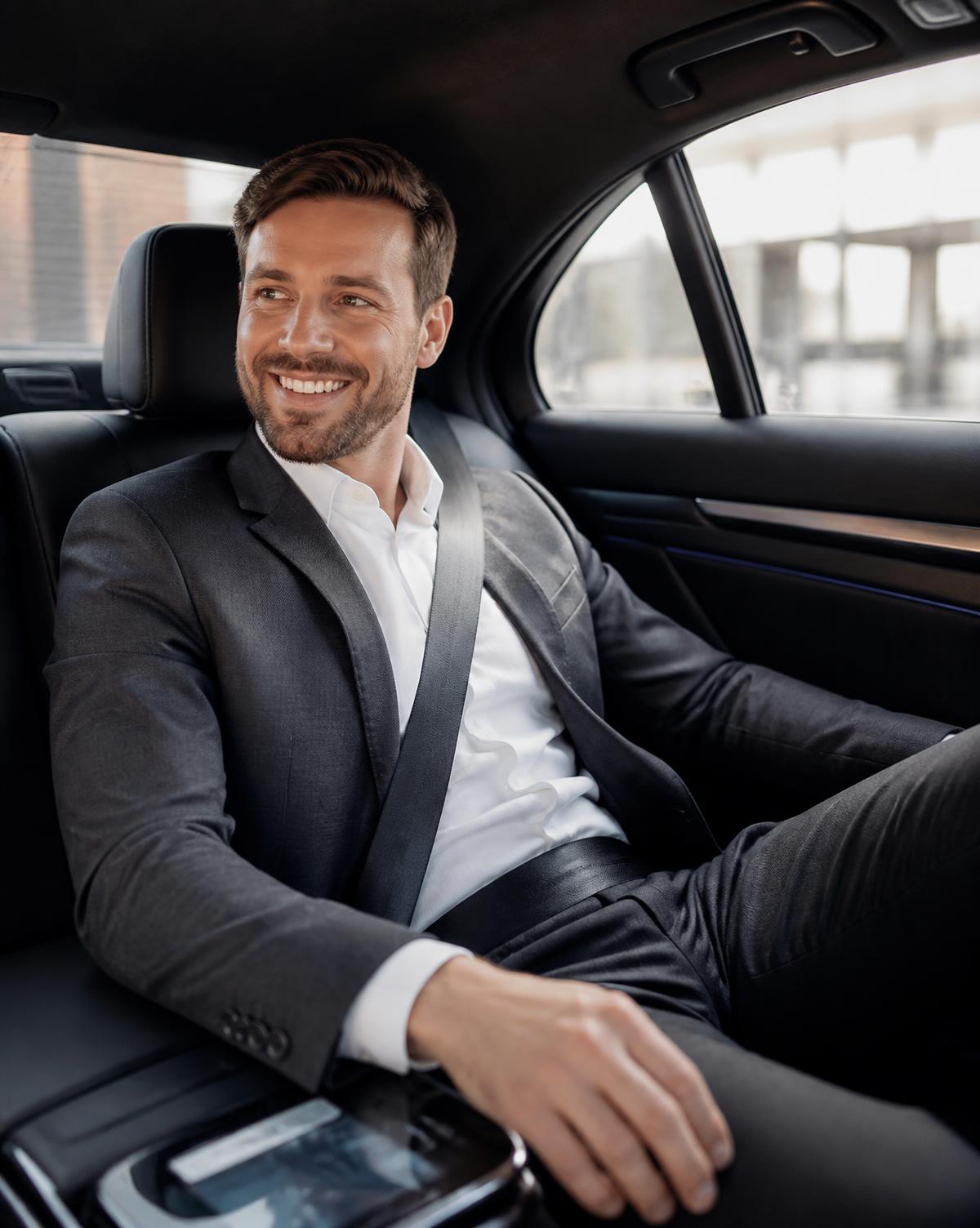 Passager souriant à l'arrière d'un véhicule avec chauffeur à Marseille